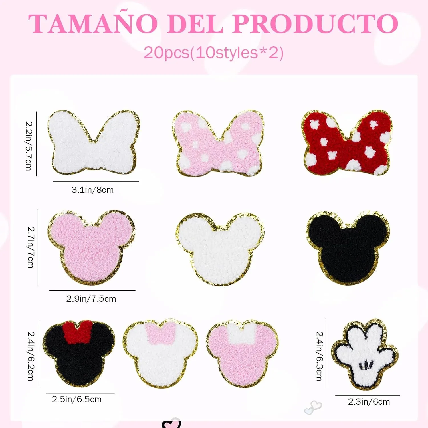 20Pcs Minnie Themed Patch, Pink Mouse Chenille Patches Gold Edges Bowknot Iron on Patch for Bags Hat DIY Clothing Repair