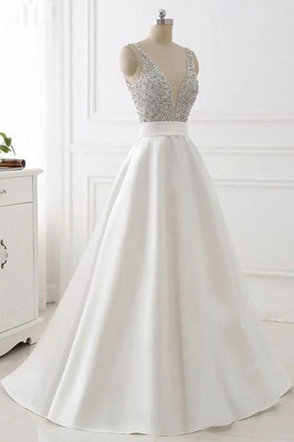 A-line V-neck Beaded Top Ivory Satin Long Prom/Evening Dress PG601