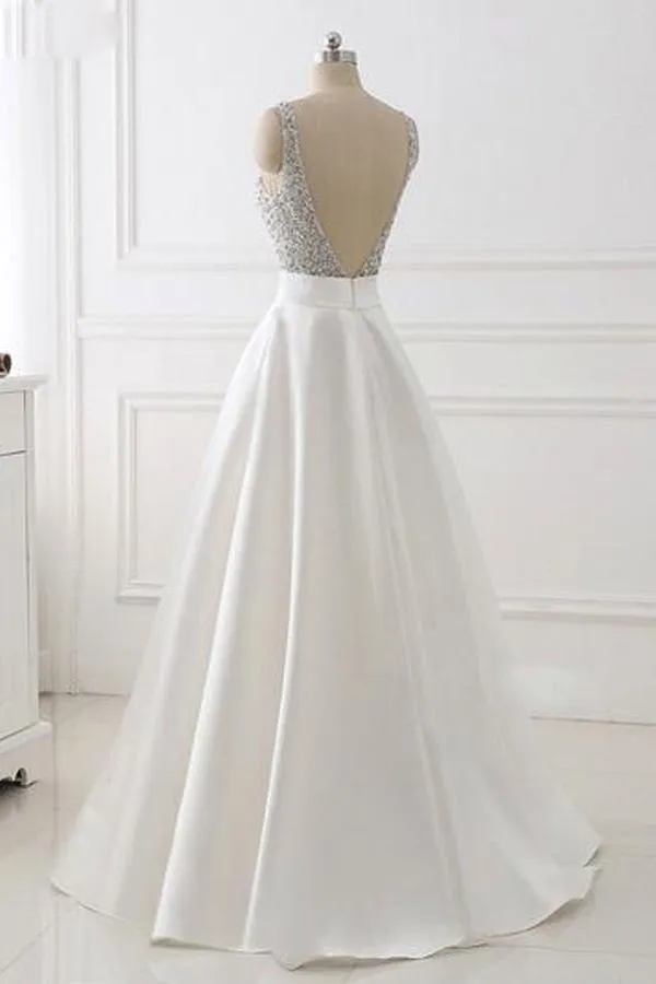 A-line V-neck Beaded Top Ivory Satin Long Prom/Evening Dress PG601
