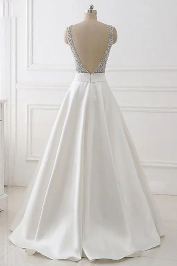 A-line V-neck Beaded Top Ivory Satin Long Prom/Evening Dress PG601