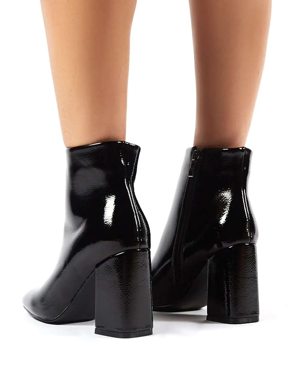 Aimee Black Crinkle Patent Square Toe Block Heeled Ankle Boots