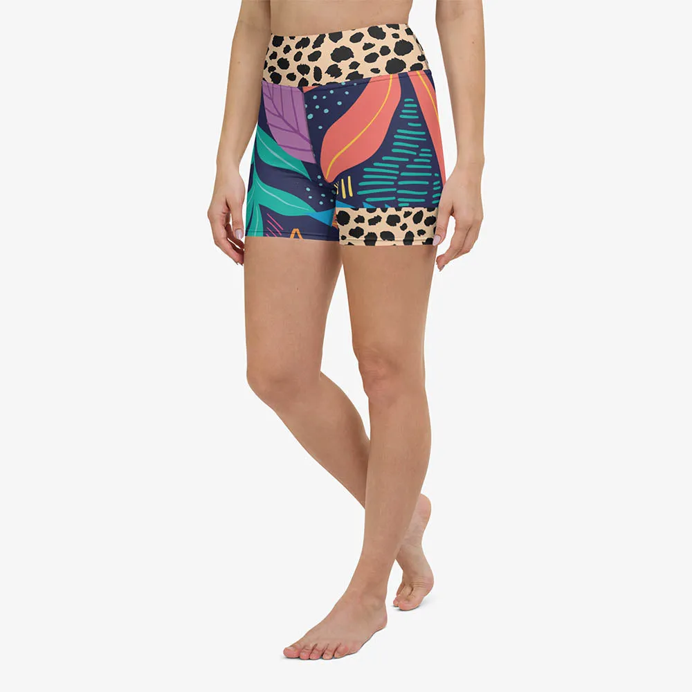 Animal Printed Yoga Shorts "Animal Leaves" Blue/Orange/Green
