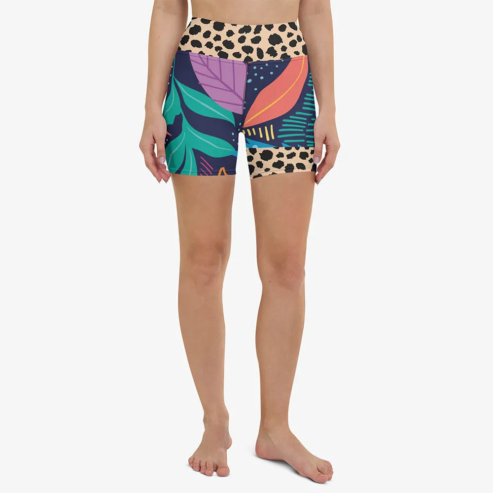Animal Printed Yoga Shorts "Animal Leaves" Blue/Orange/Green