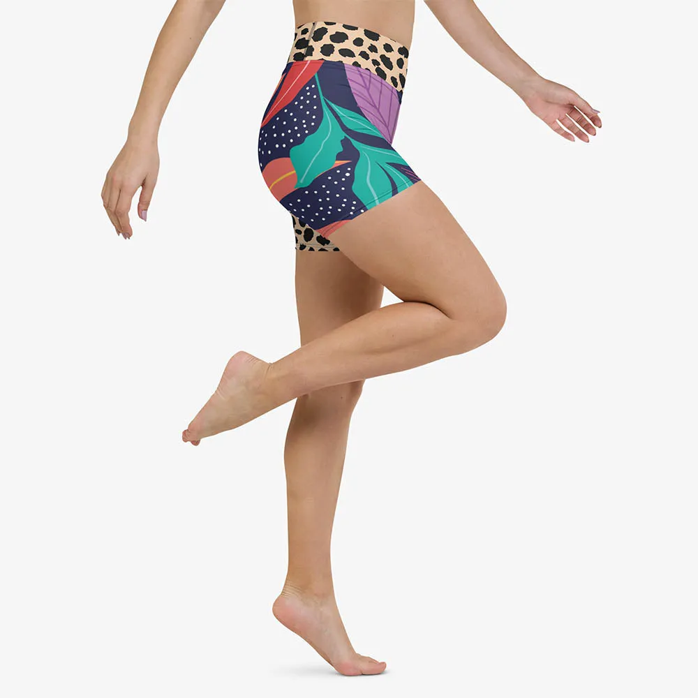 Animal Printed Yoga Shorts "Animal Leaves" Blue/Orange/Green