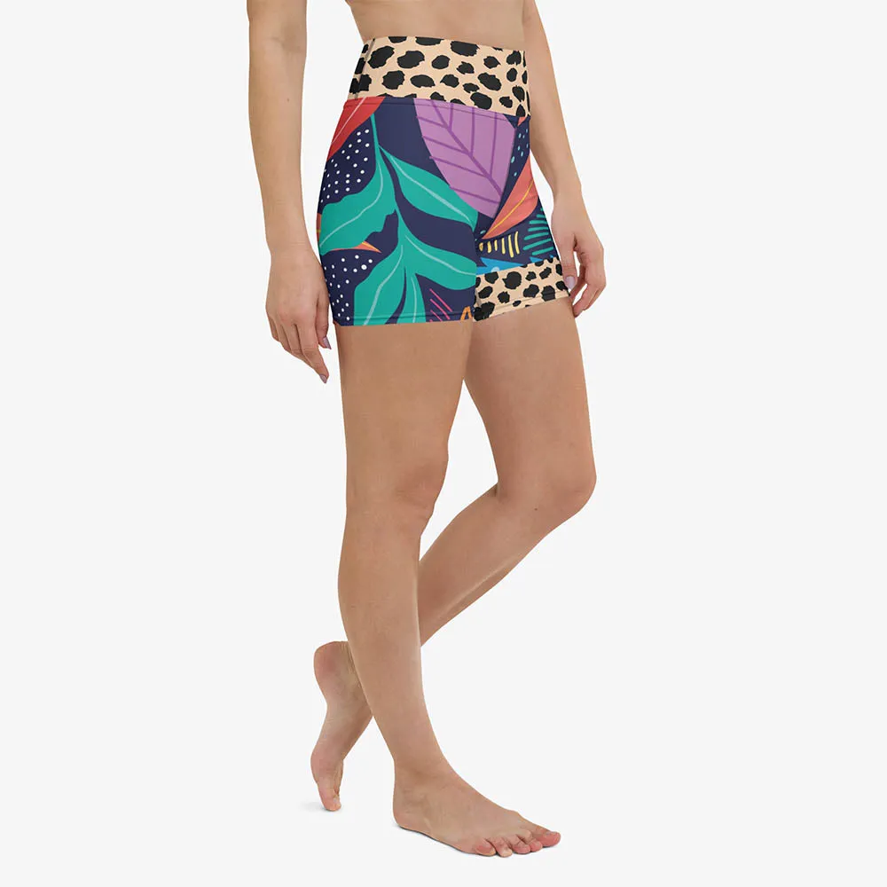 Animal Printed Yoga Shorts "Animal Leaves" Blue/Orange/Green