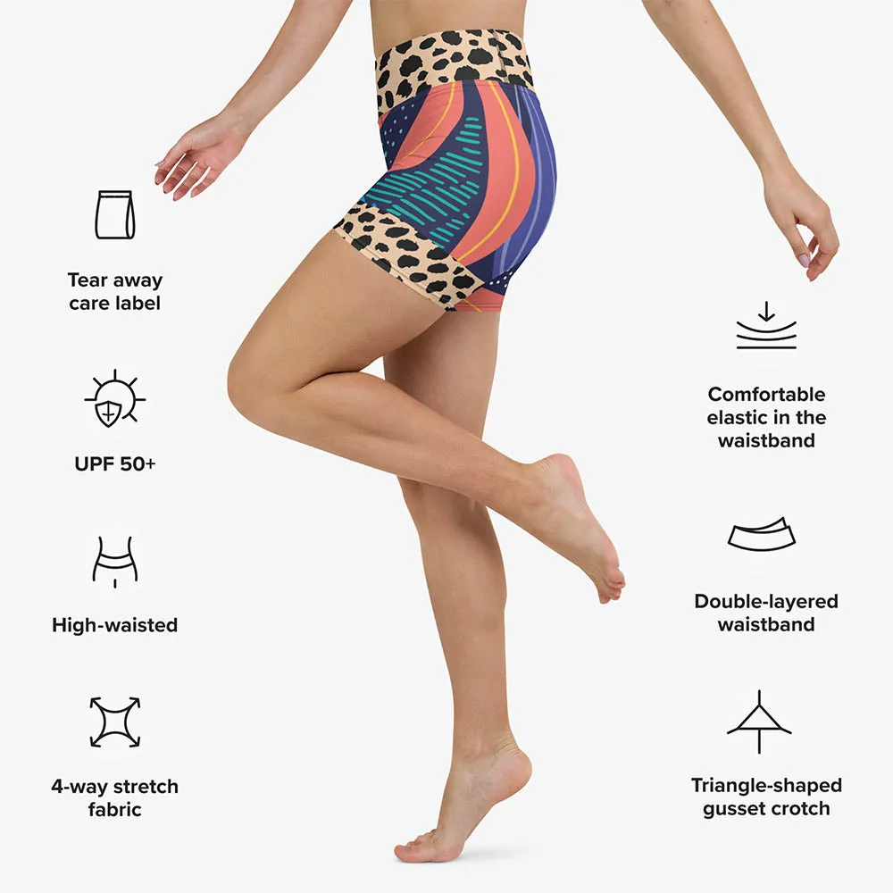 Animal Printed Yoga Shorts "Animal Leaves" Blue/Orange/Green