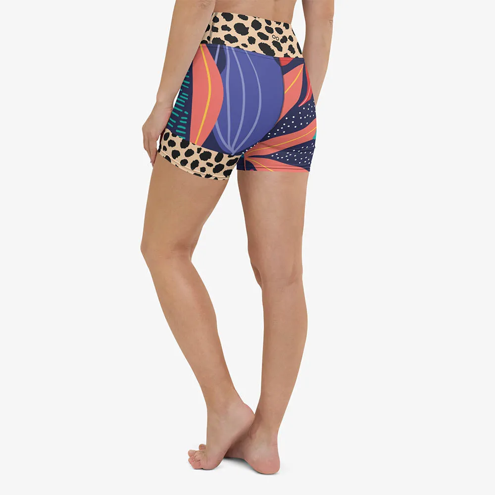 Animal Printed Yoga Shorts "Animal Leaves" Blue/Orange/Green