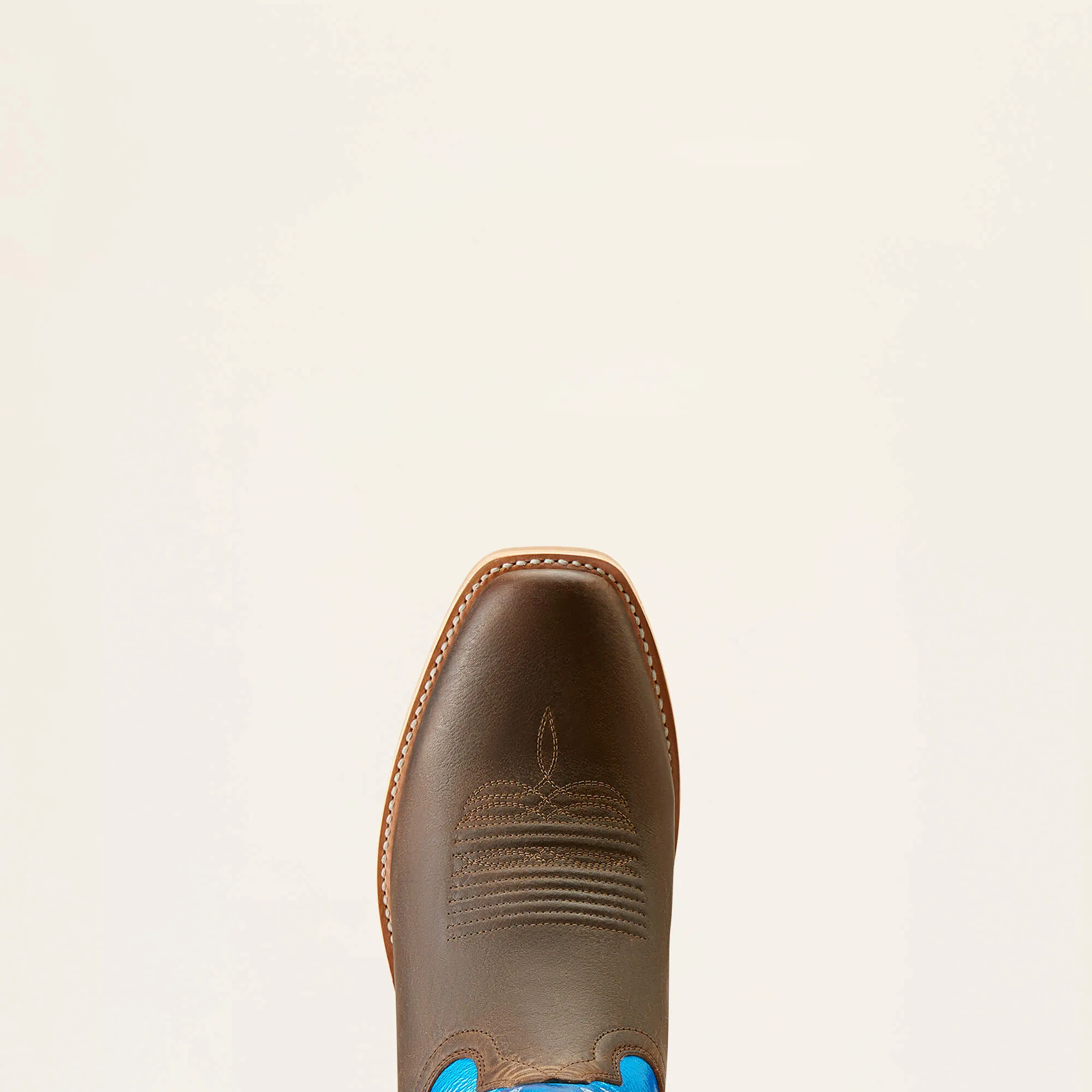 Ariat Men's Tabacco Ringer Cowboy Boots with Blunt Toe and Blue Patent Tops