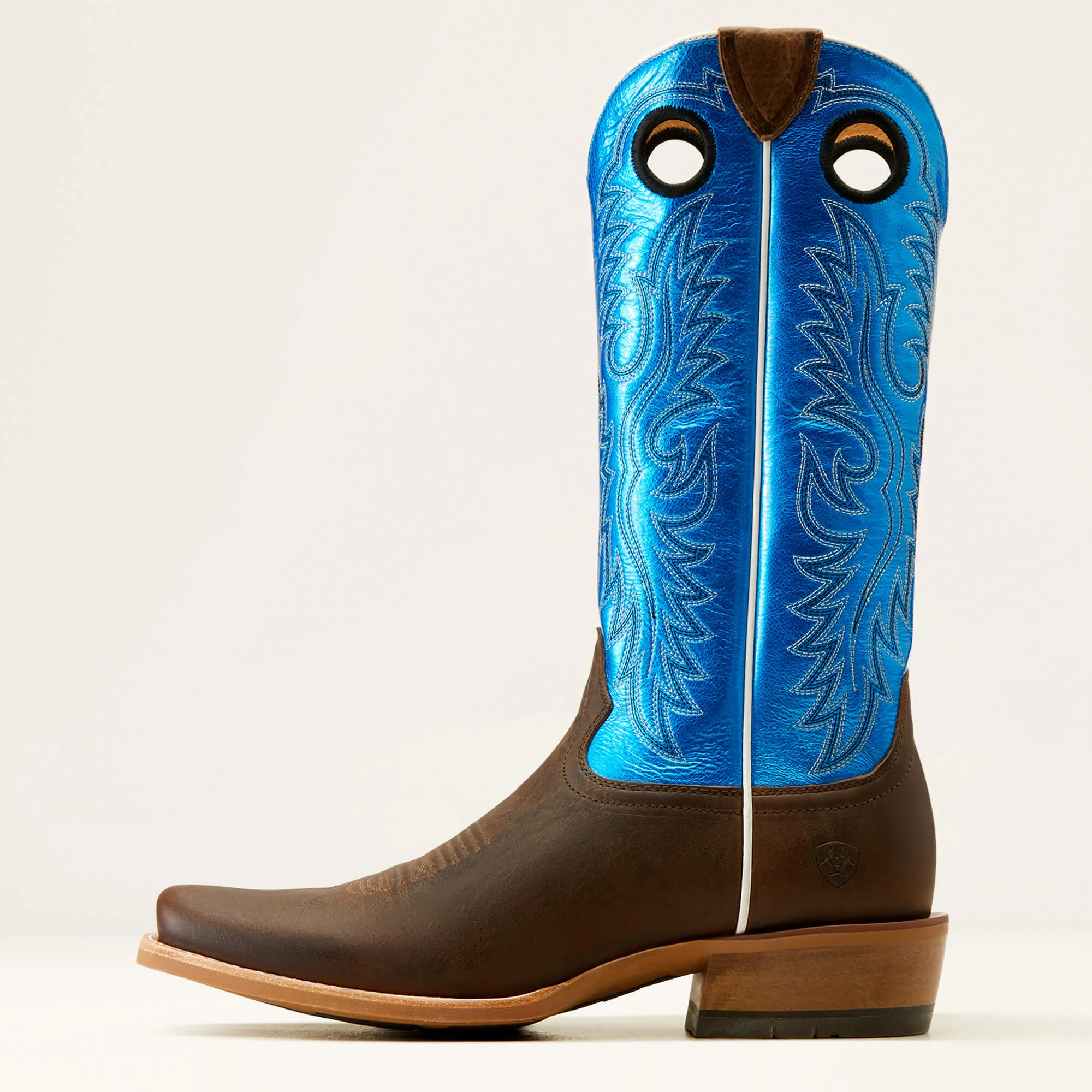 Ariat Men's Tabacco Ringer Cowboy Boots with Blunt Toe and Blue Patent Tops