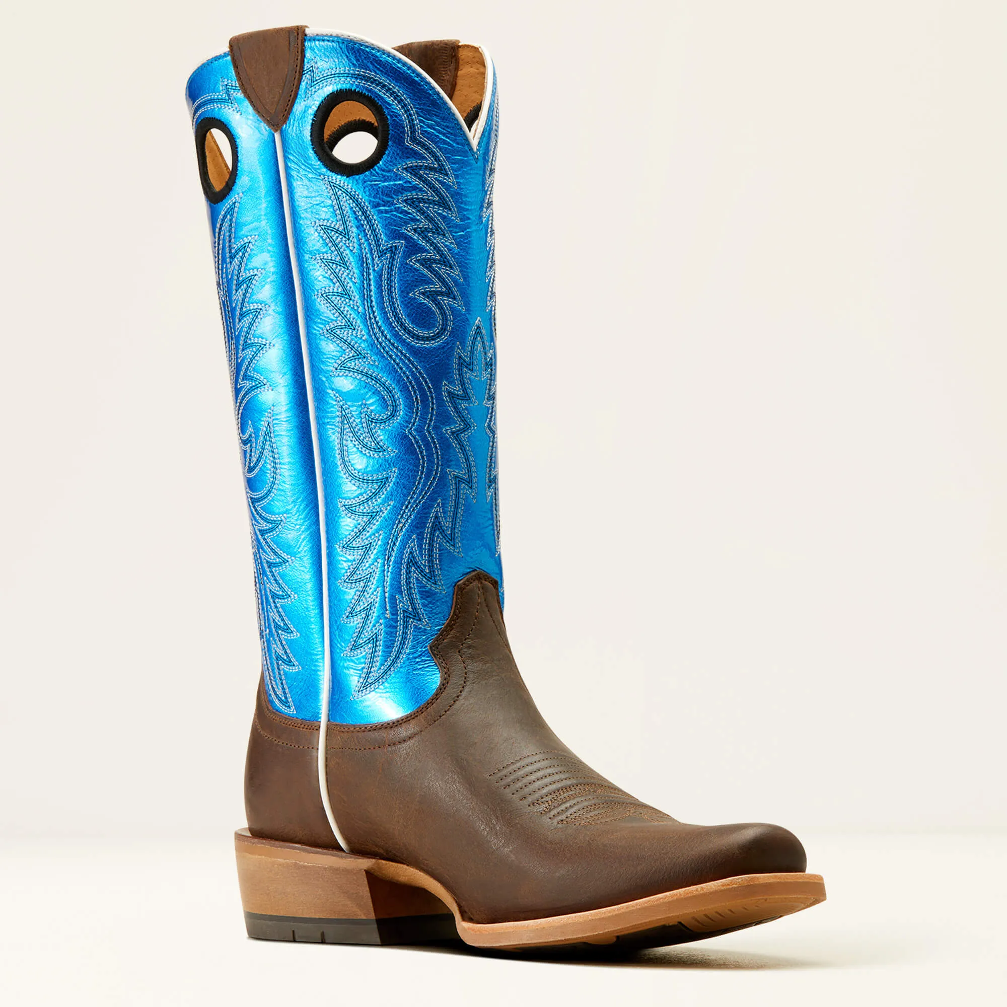 Ariat Men's Tabacco Ringer Cowboy Boots with Blunt Toe and Blue Patent Tops