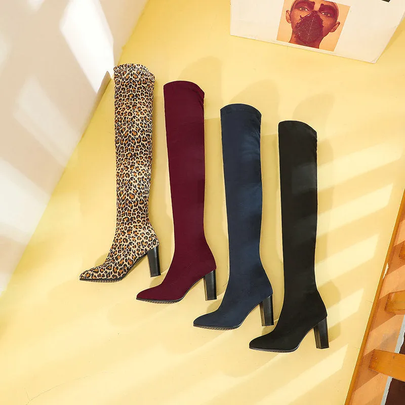 Autumn And Winter Thick Heel Fashion Elastic Knee High Boots