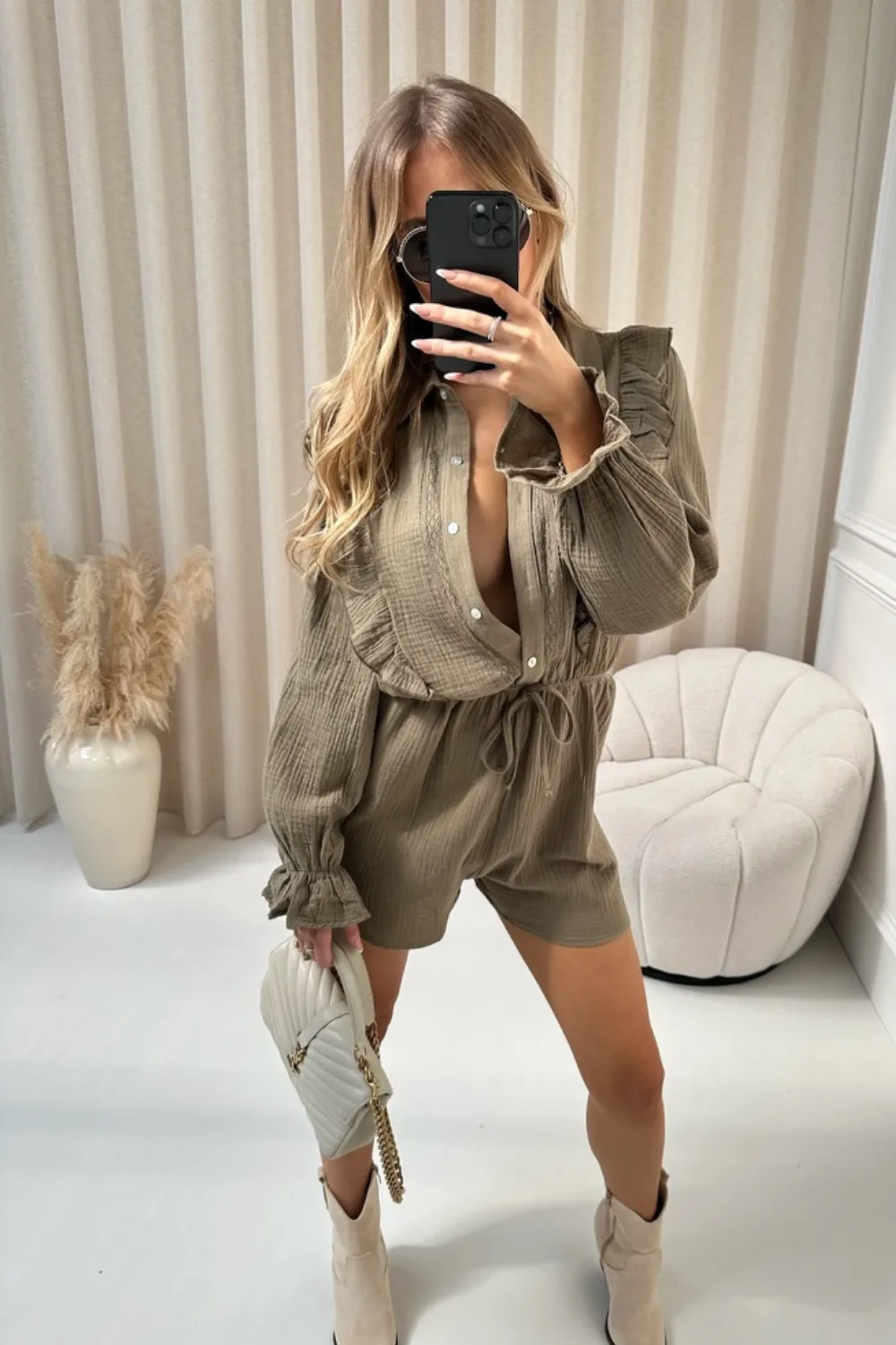 Bella khaki frill linen playsuit