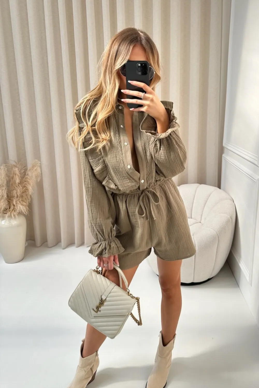 Bella khaki frill linen playsuit