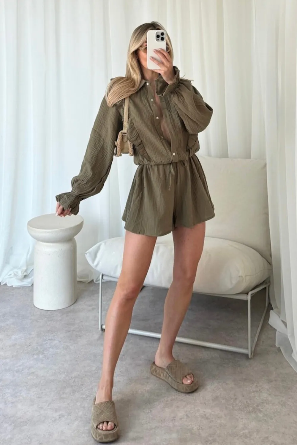 Bella khaki frill linen playsuit