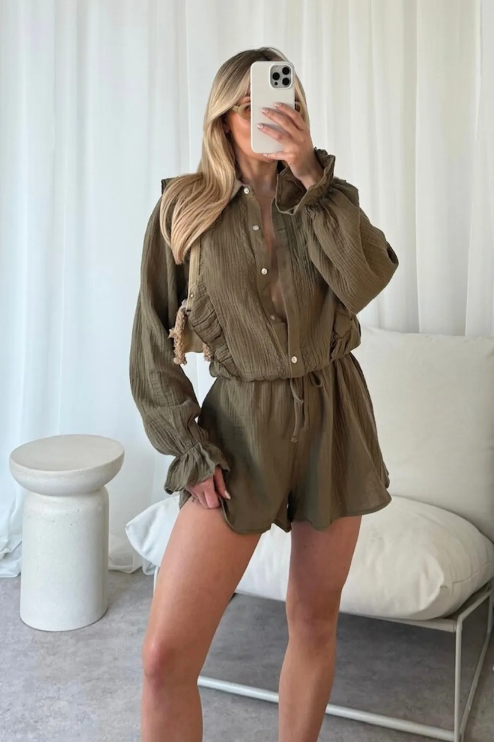 Bella khaki frill linen playsuit