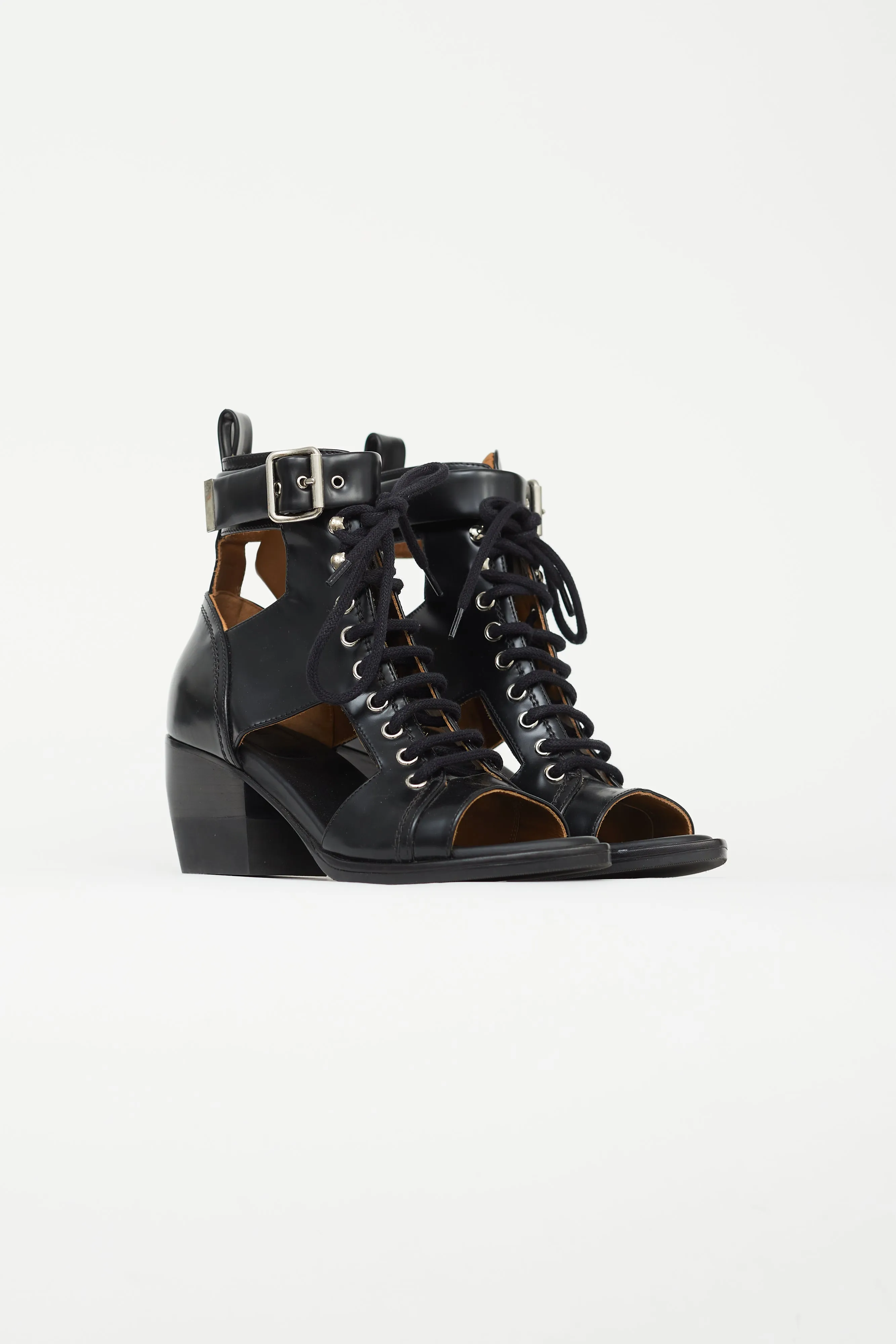Black Leather Peep Toe Heeled Boot