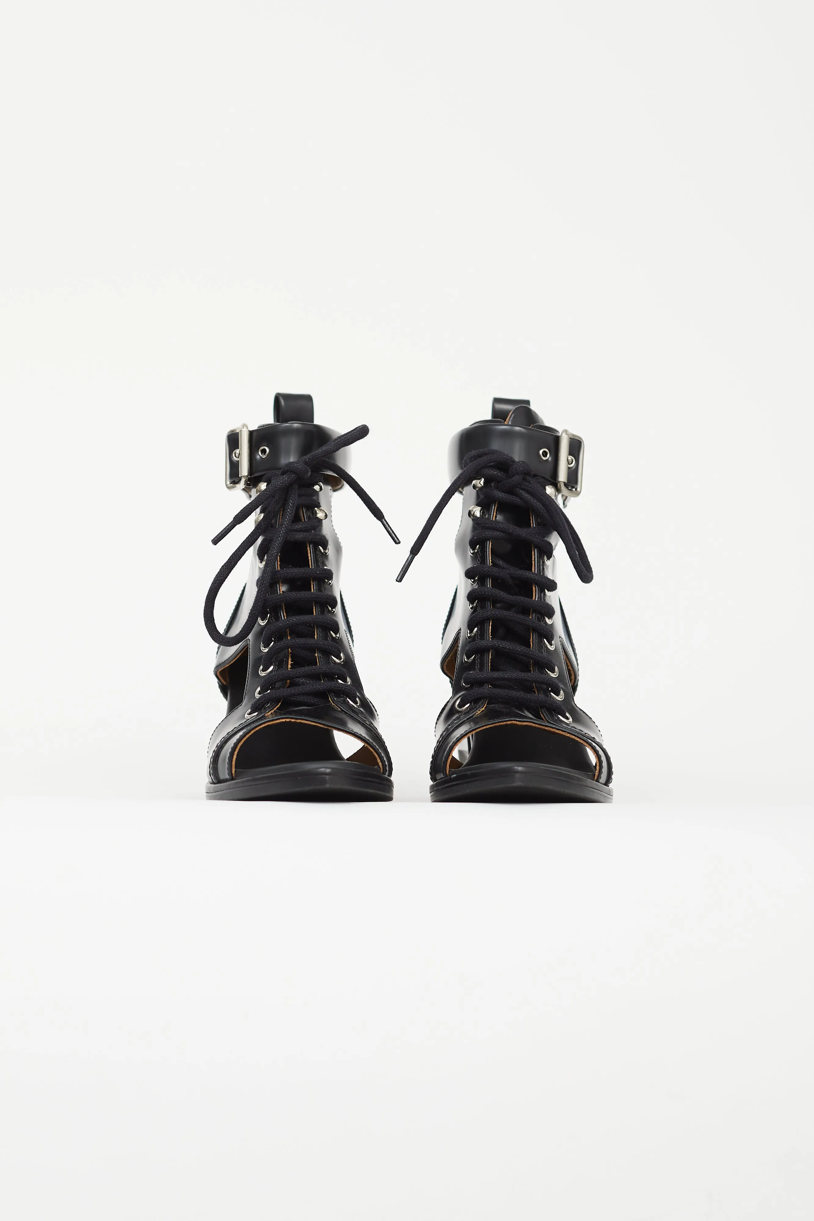 Black Leather Peep Toe Heeled Boot