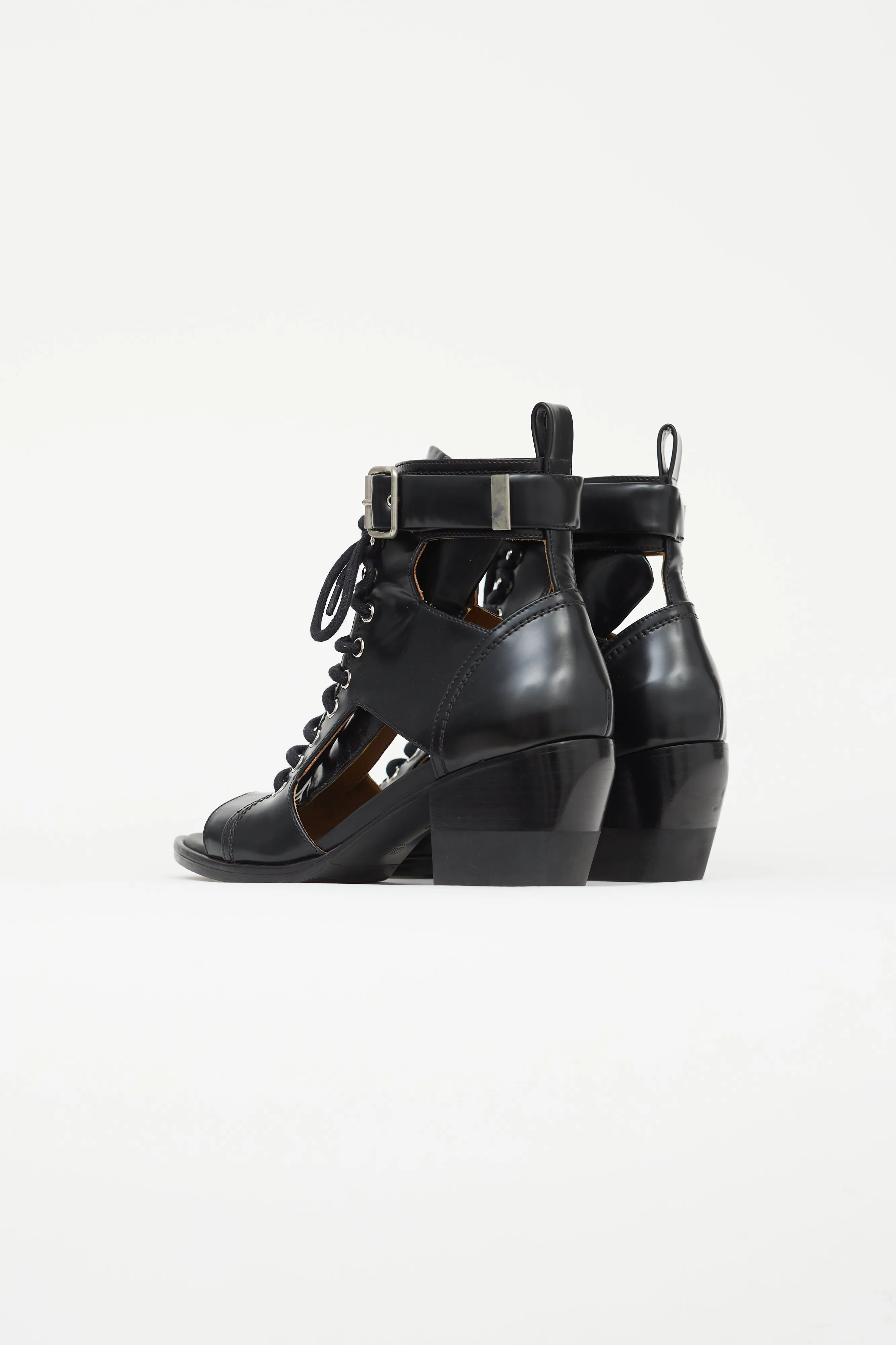 Black Leather Peep Toe Heeled Boot