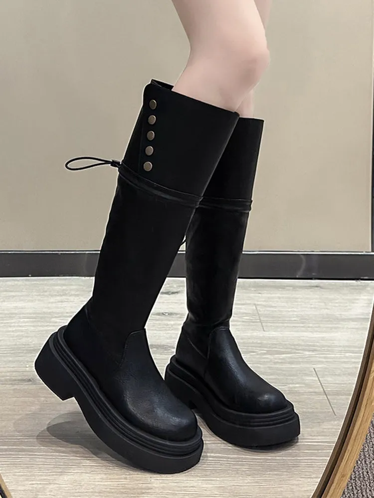 Black retro American thick-heeled platform boots