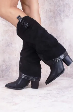 Black Shark Fold Over Tab Detail Cowboy Boots