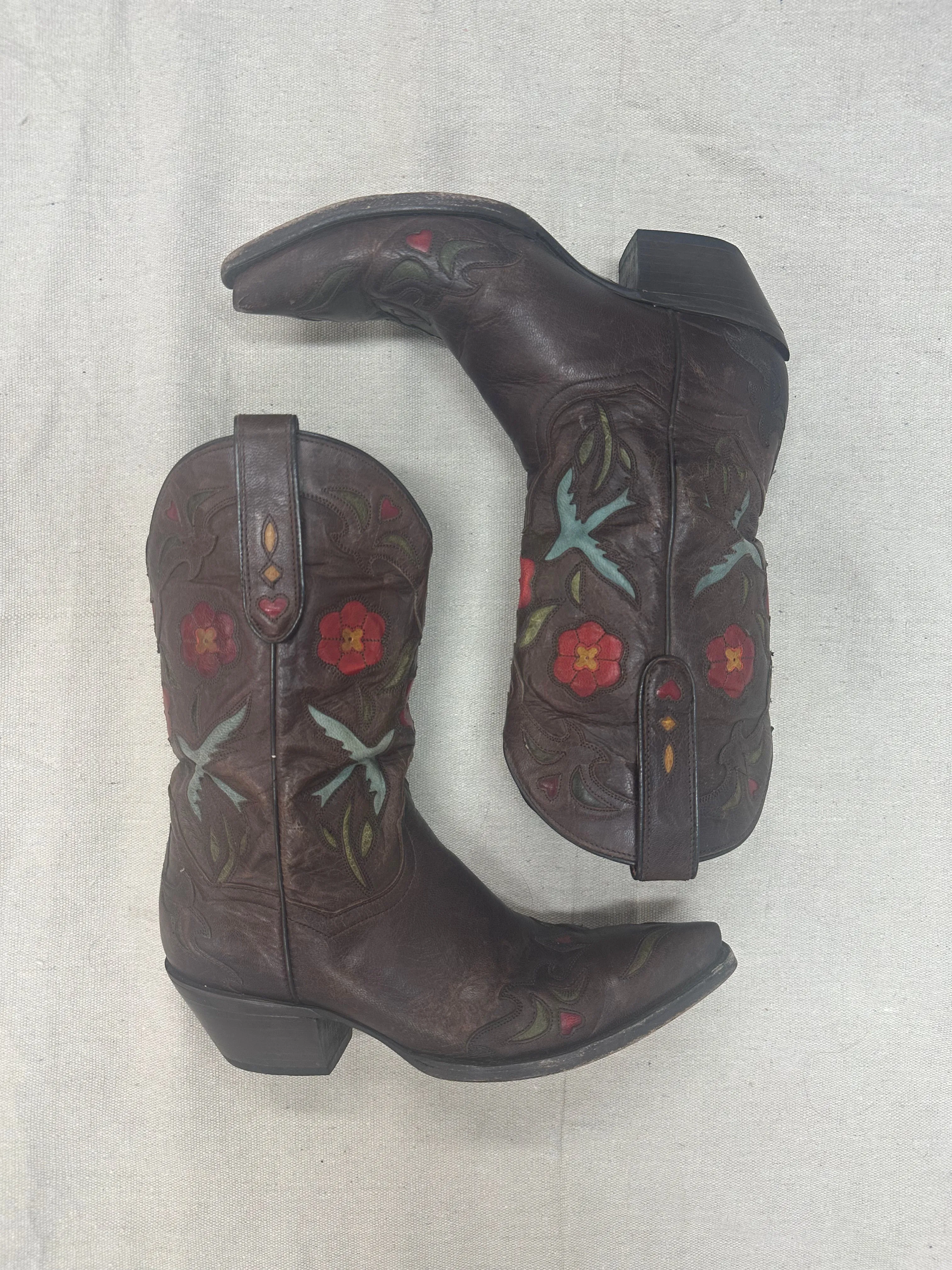 Brown Snip Toe Floral Cowboy Boots