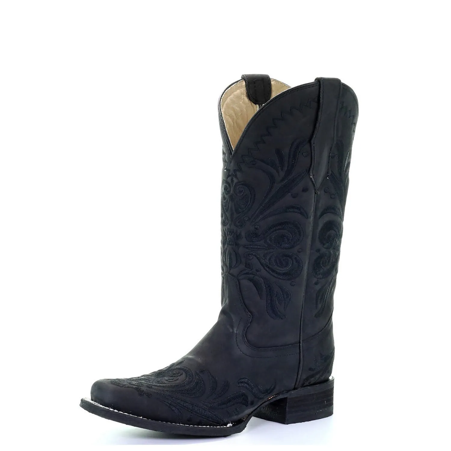 Circle G | Black Filigree Embroidery SQ Toe | Nubuck Black