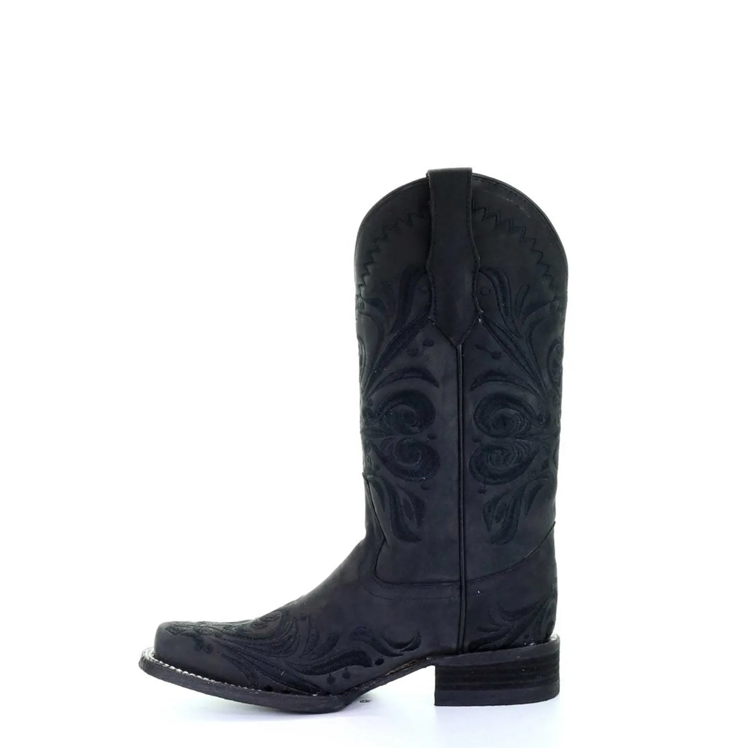 Circle G | Black Filigree Embroidery SQ Toe | Nubuck Black