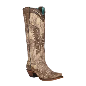 Corral Ladies Eagle Overlay Snip Toe Taupe Brown Tall Boots A4303