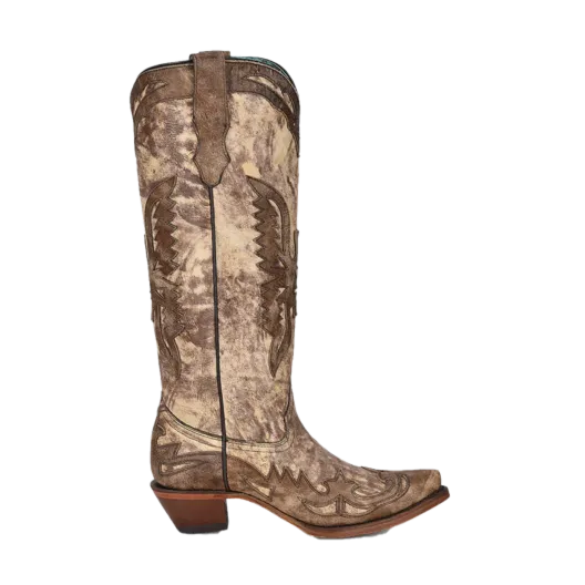 Corral Ladies Eagle Overlay Snip Toe Taupe Brown Tall Boots A4303