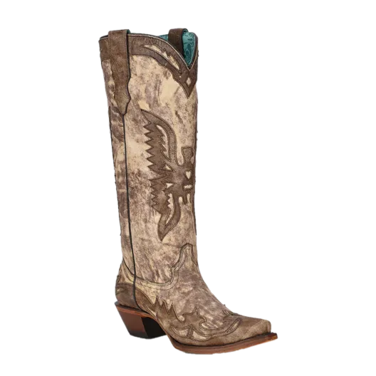 Corral Ladies Eagle Overlay Snip Toe Taupe Brown Tall Boots A4303