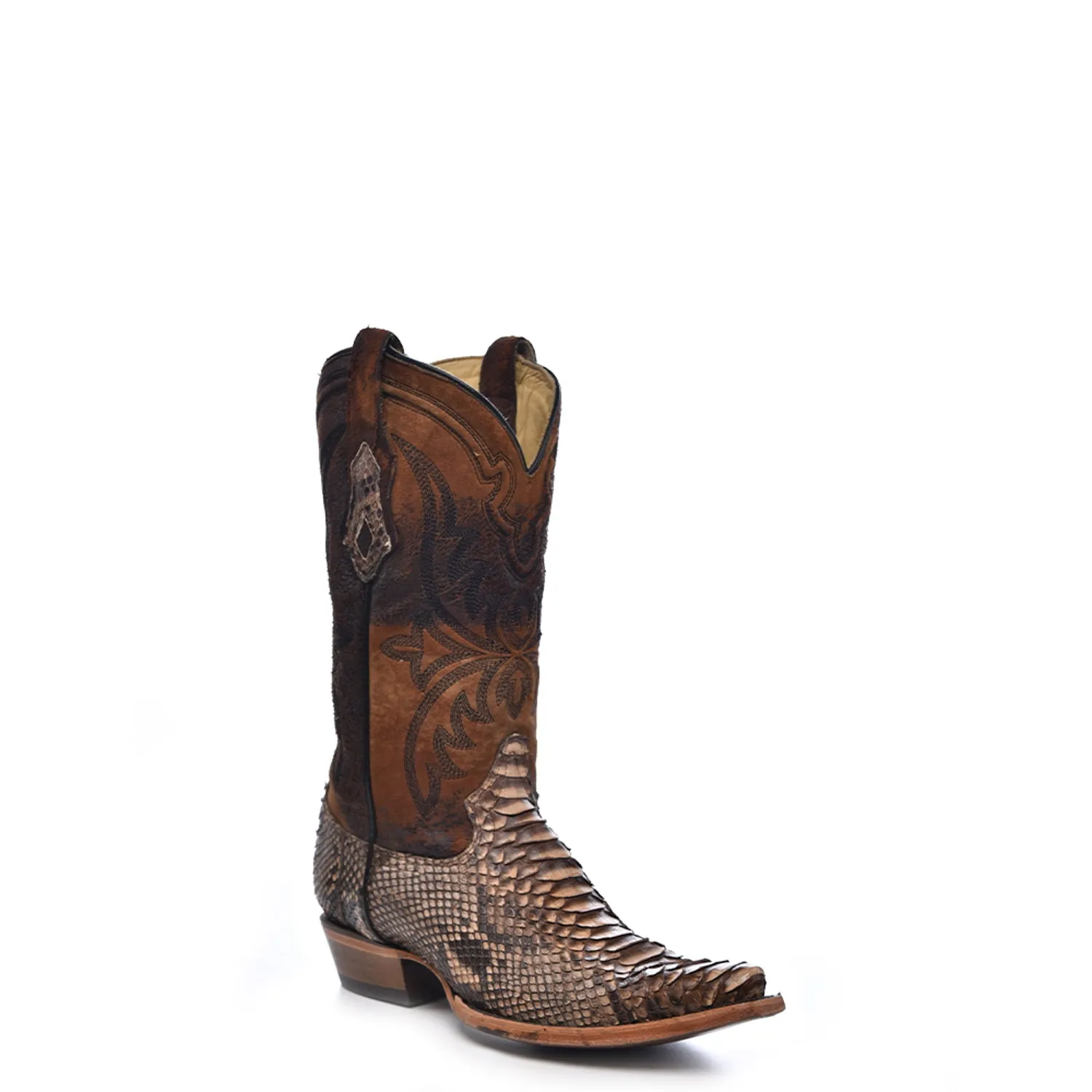 Corral Mens Embroidery Lamb Snip Toe Brown Python 12in Cowboy Boots