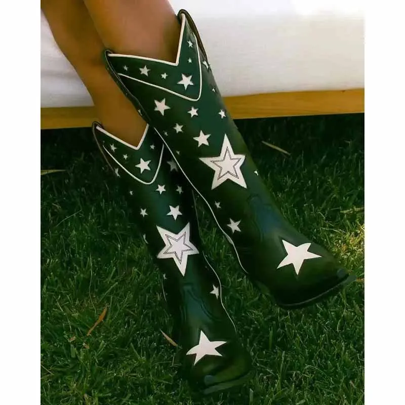 Cowboy western knee high boots Star Embroidered Cowboy Boots, Cowboy Boots With Stars