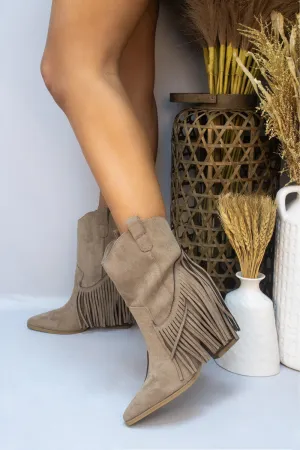Dallas Taupe Mid Western Faux Suede Fringe Cowboy Boot