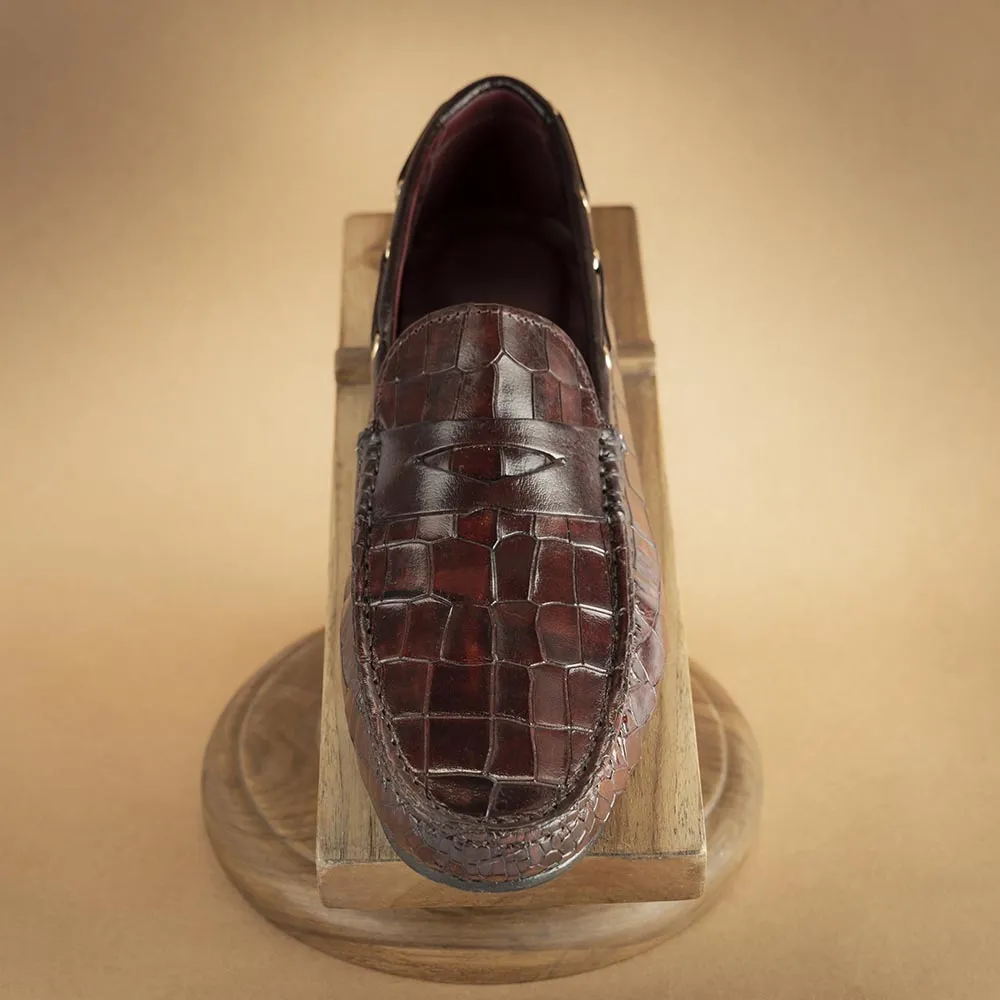 Dark Tan Croco Penny Driving Loafers