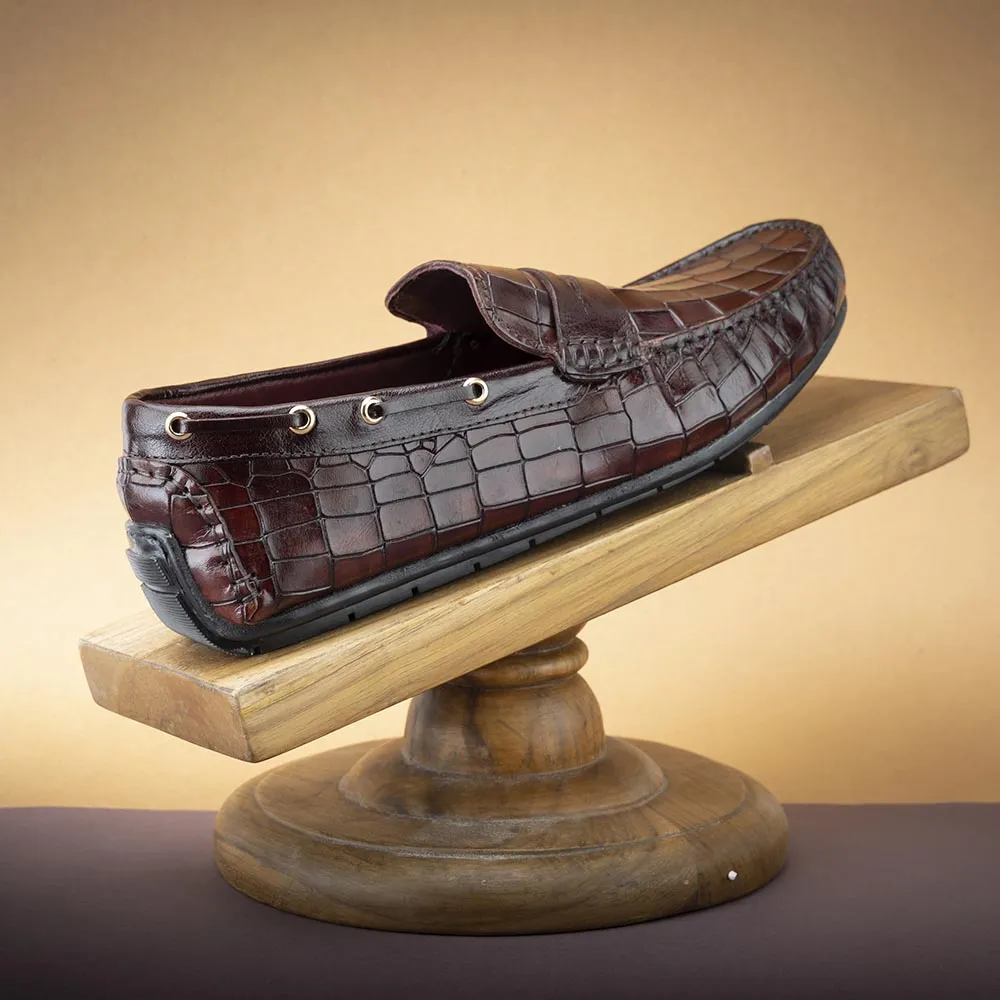 Dark Tan Croco Penny Driving Loafers