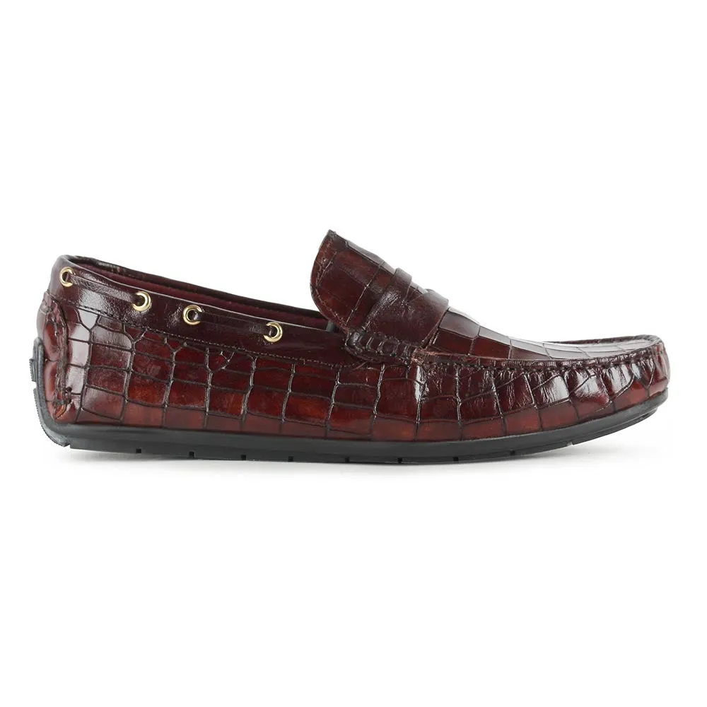 Dark Tan Croco Penny Driving Loafers