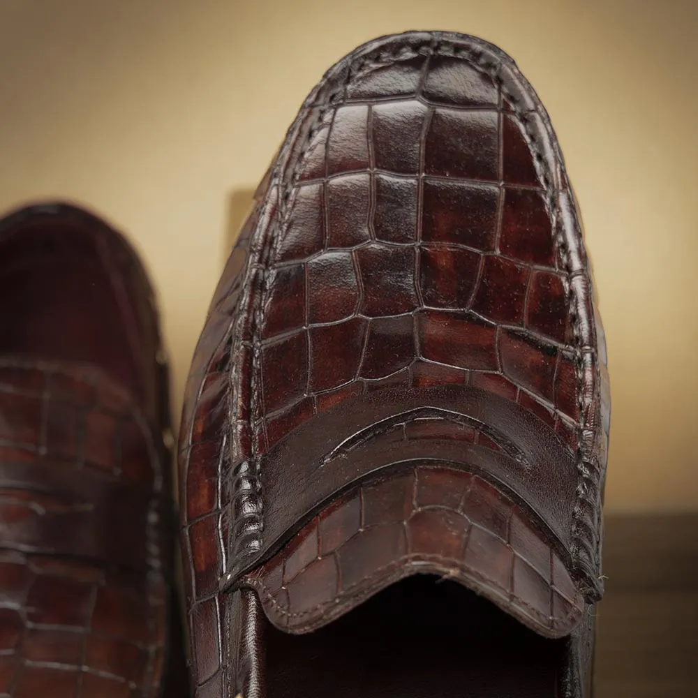 Dark Tan Croco Penny Driving Loafers