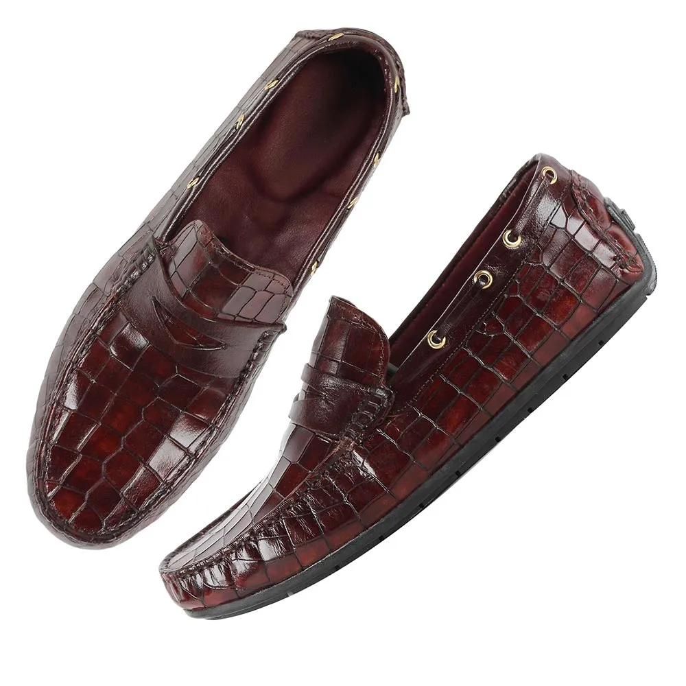 Dark Tan Croco Penny Driving Loafers