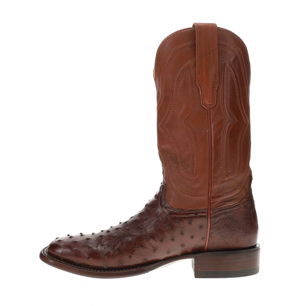 Emmitt Broad Embroidered Ostrich Square Toe Pull On Cowboy Boots