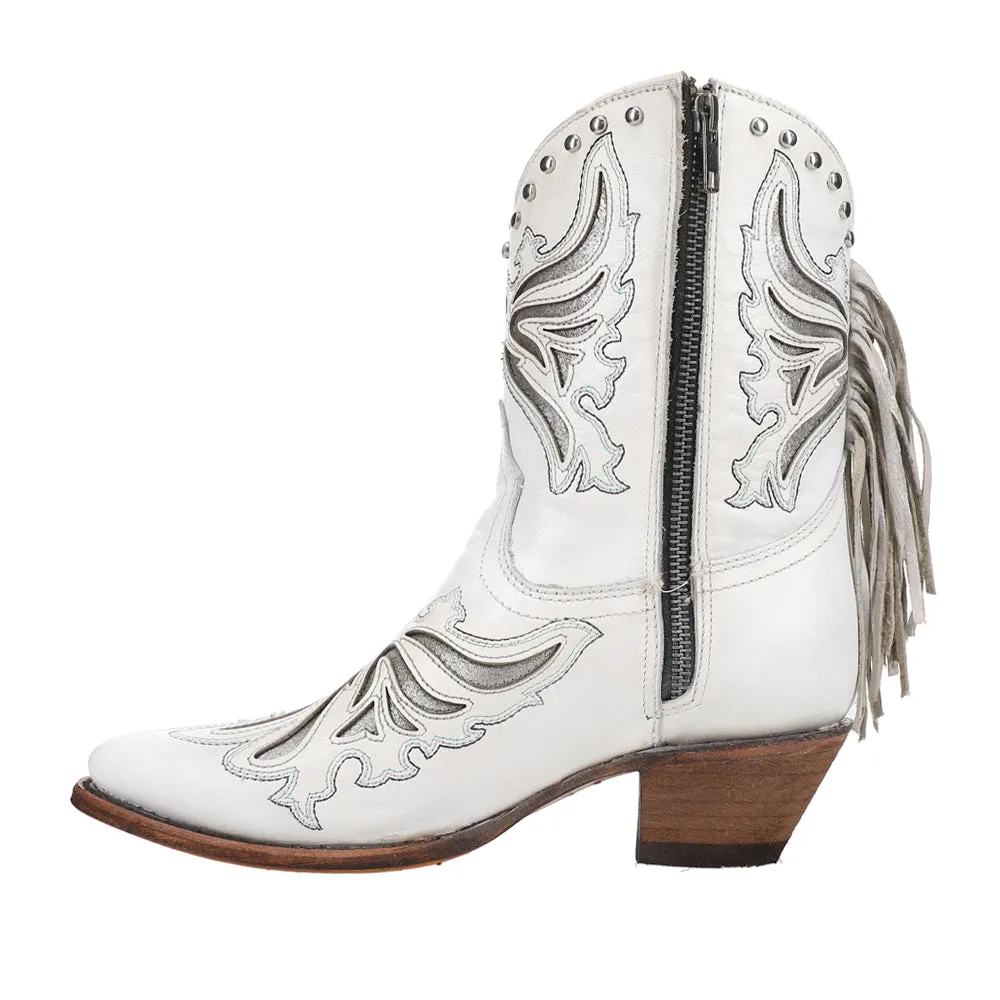 Fringe Inlay Pointed Fringe Toe Ankle Cowboy Booties