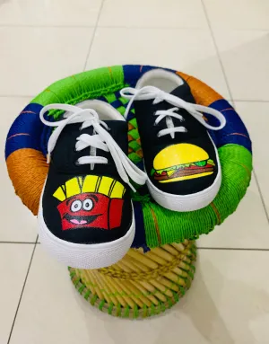 Funky N Trendy hand painted water resistant Burger fries theme black shoes/ food shoes / black shoes / funky shoes