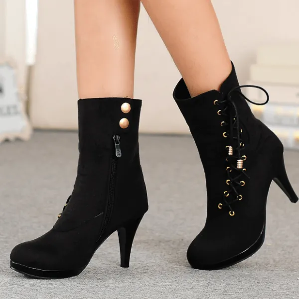 Lace Up High Heel Round Toe Suede Calf Boots