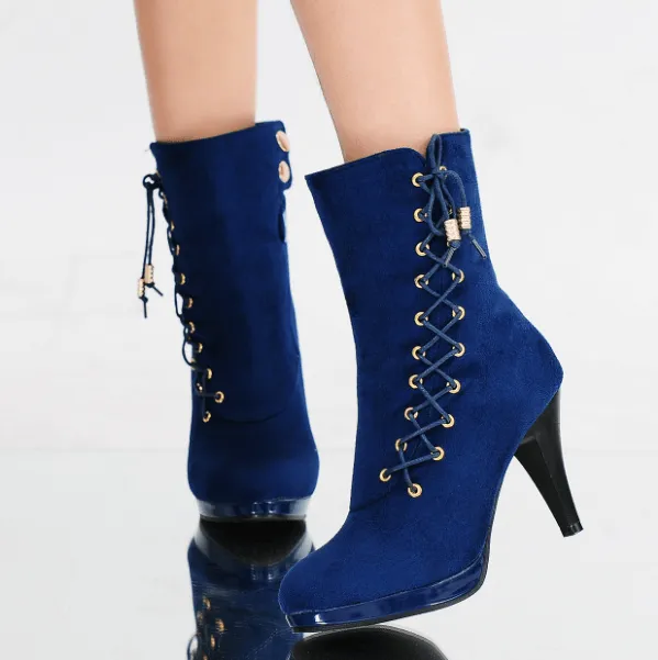 Lace Up High Heel Round Toe Suede Calf Boots