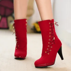 Lace Up High Heel Round Toe Suede Calf Boots