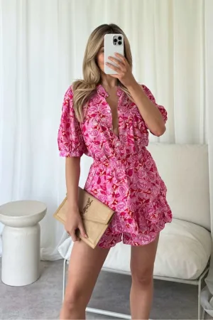 Lana pink floral puff sleeve blouse and skort co-ord