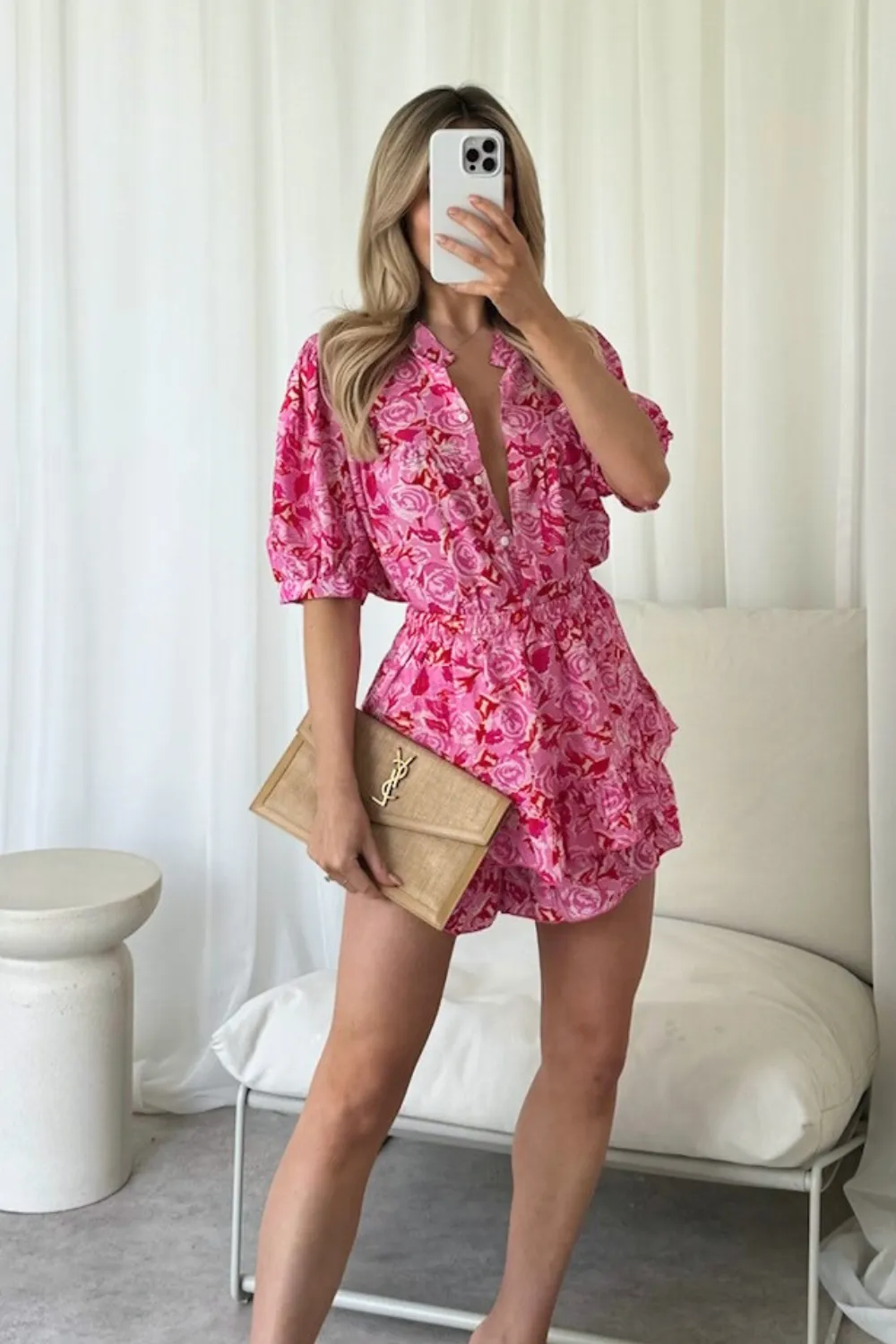 Lana pink floral puff sleeve blouse and skort co-ord