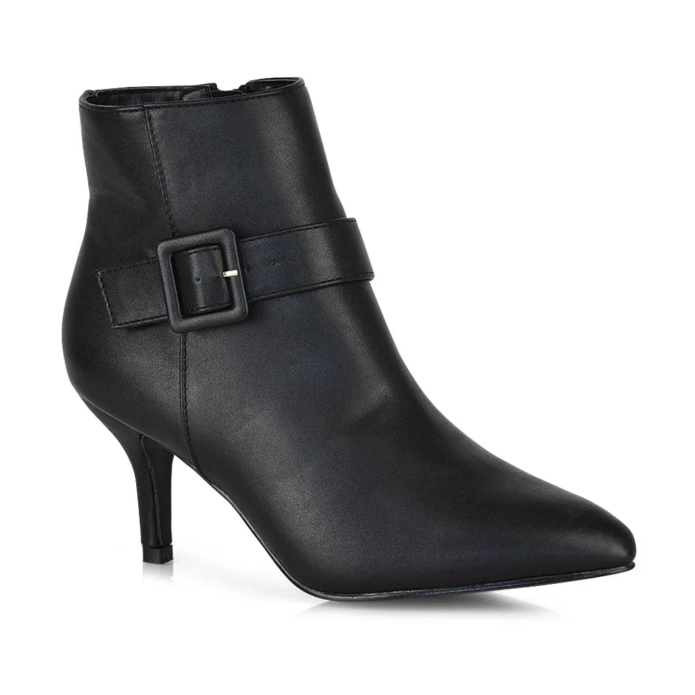 Lara Buckle Detail Pointed Toe Low Stiletto High Heel Ankle Boots In Navy