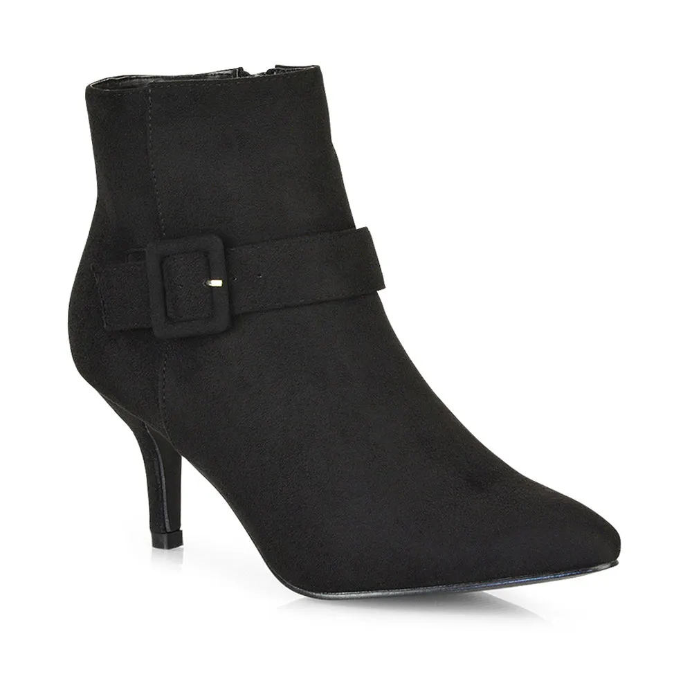 Lara Buckle Detail Pointed Toe Low Stiletto High Heel Ankle Boots In Navy