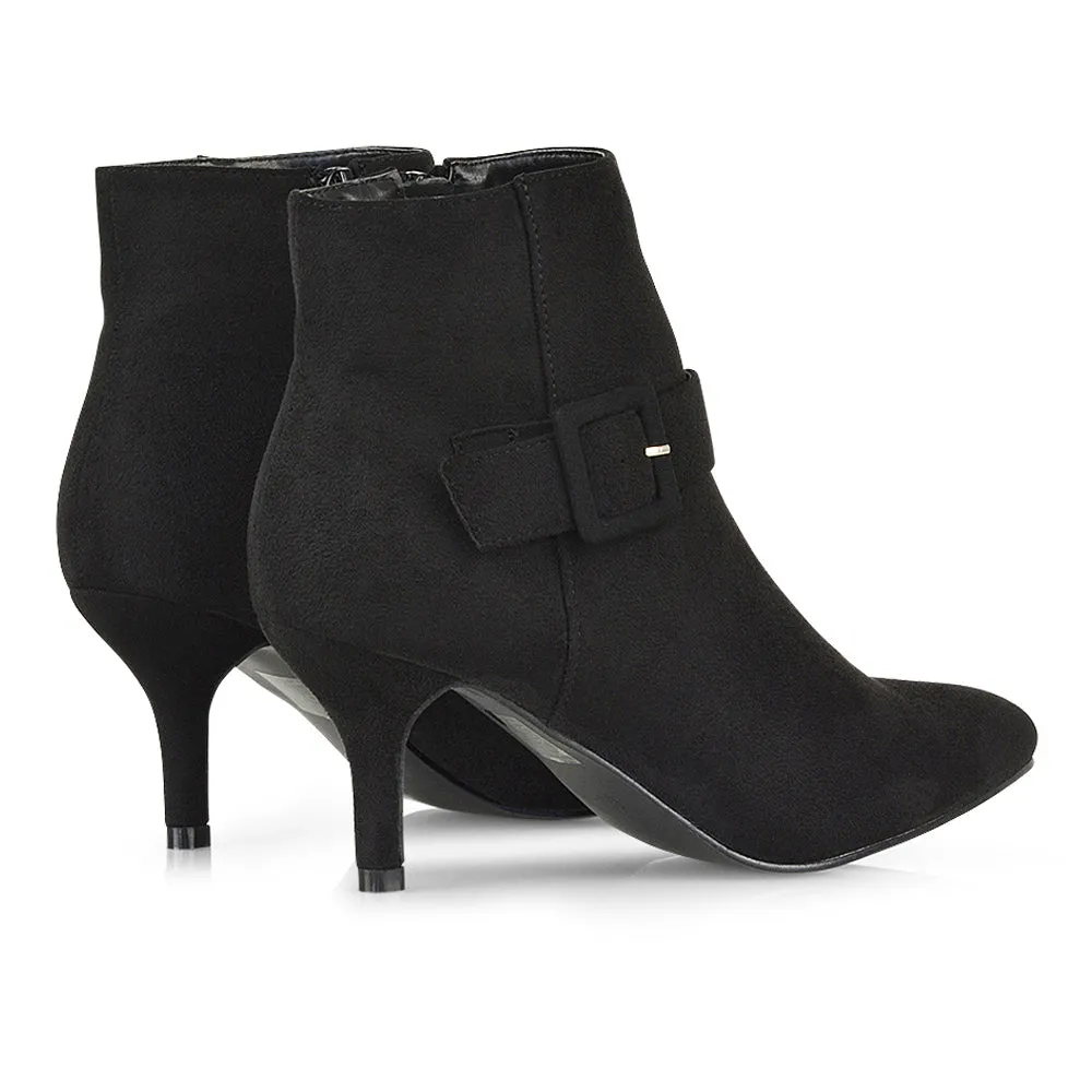 Lara Buckle Detail Pointed Toe Low Stiletto High Heel Ankle Boots In Navy