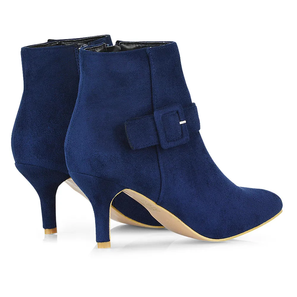 Lara Buckle Detail Pointed Toe Low Stiletto High Heel Ankle Boots In Navy